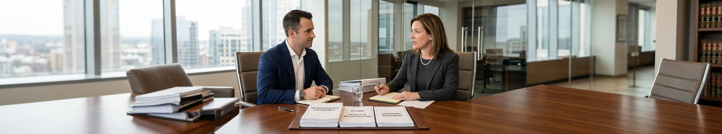 Two lawyers reviewing incorporation documents in a boardroom